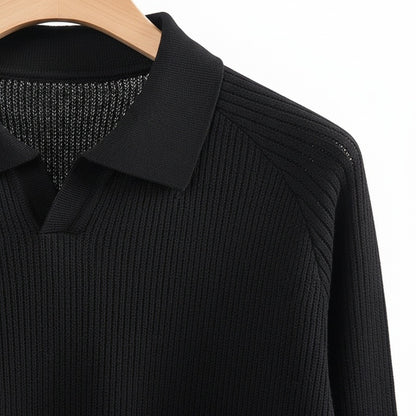 Long Sleeve Cotton Polo Shirt - Midnight Black - Texture Close Up