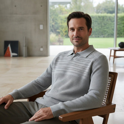 Long Sleeve Cotton Polo Shirt - Light Gray - Side Profile