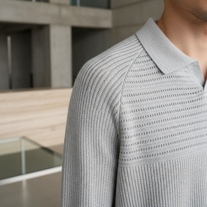 Long Sleeve Cotton Polo Shirt - Light Gray - Back View