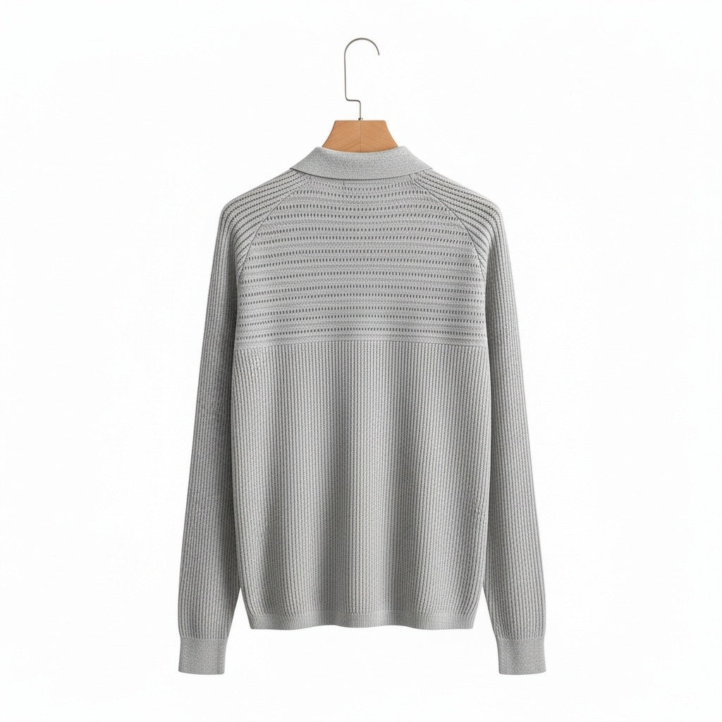 Long Sleeve Cotton Polo Shirt - Light Gray - Fabric Detail