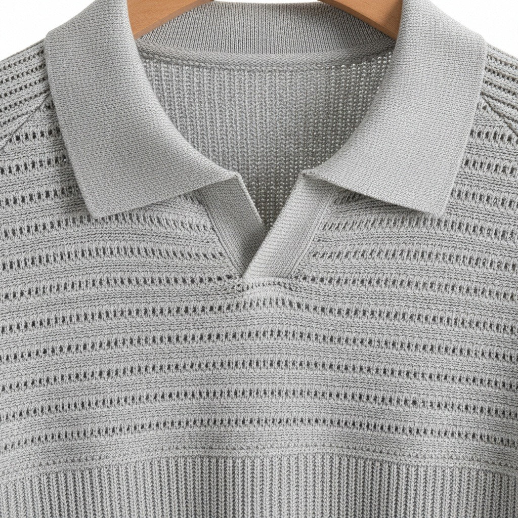 Long Sleeve Cotton Polo Shirt - Light Gray - Texture Close Up