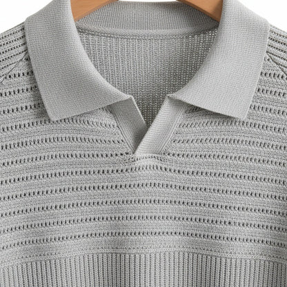 Long Sleeve Cotton Polo Shirt - Light Gray - Texture Close Up