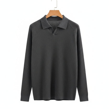 Long Sleeve Cotton Polo Shirt - Charcoal - Front View