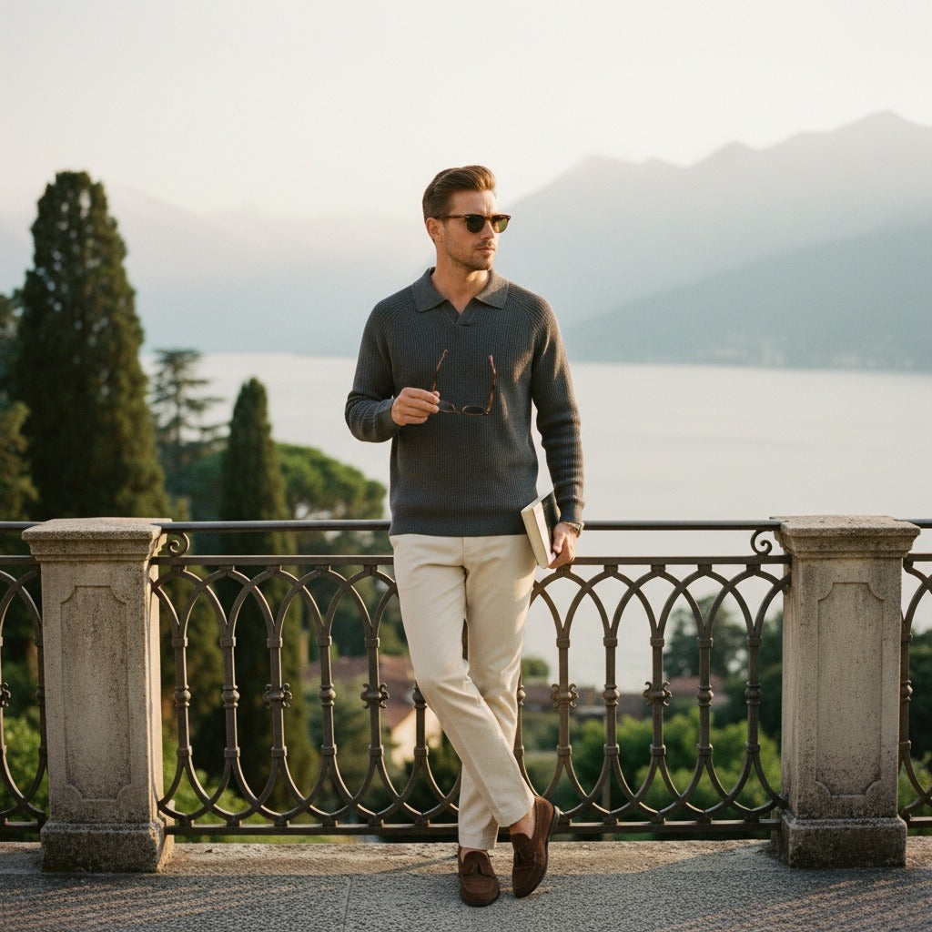 Long Sleeve Cotton Polo Shirt - Charcoal - Angled Shot