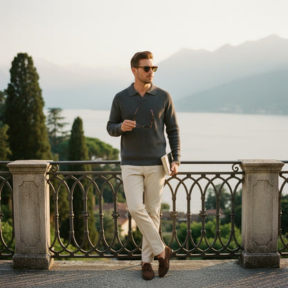 Long Sleeve Cotton Polo Shirt - Charcoal - Angled Shot