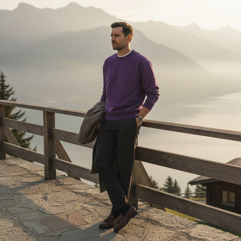 Long Sleeve Crew Neck T Shirt - Deep Purple - Angled Shot