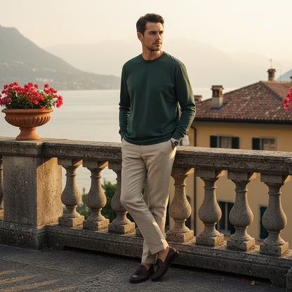 Long Sleeve Crew Neck T Shirt - Hunter Green - Angled Shot