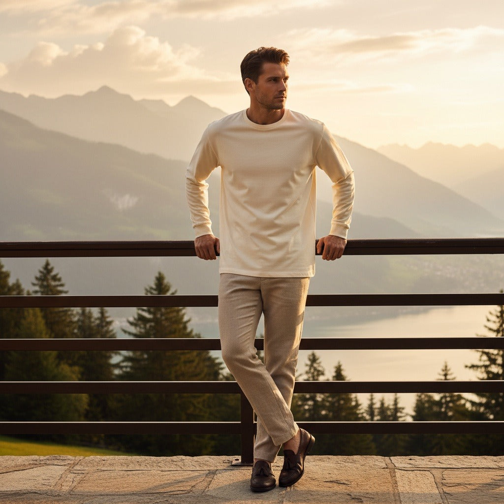 Long Sleeve Crew Neck T Shirt - Cream - Angled Shot