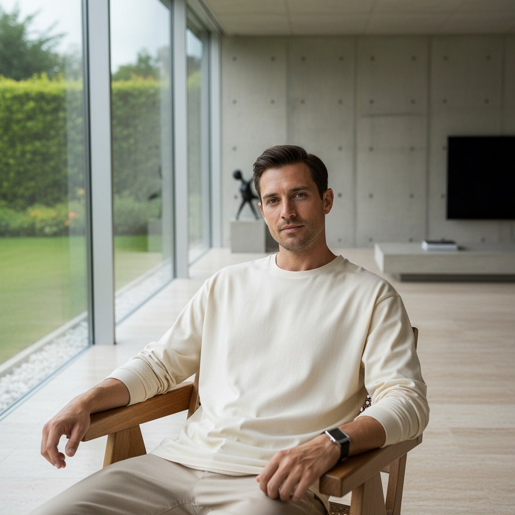 Long Sleeve Crew Neck T Shirt - Cream - Side Profile