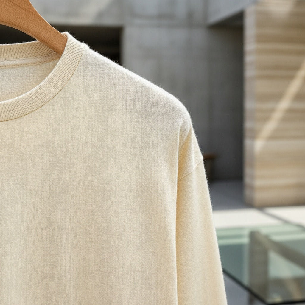 Long Sleeve Crew Neck T Shirt - Cream - Back View