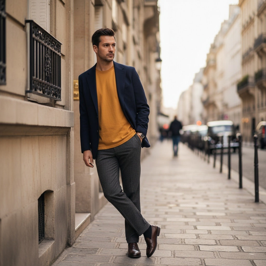 Long Sleeve Crew Neck T Shirt - Mustard Gold - Angled Shot