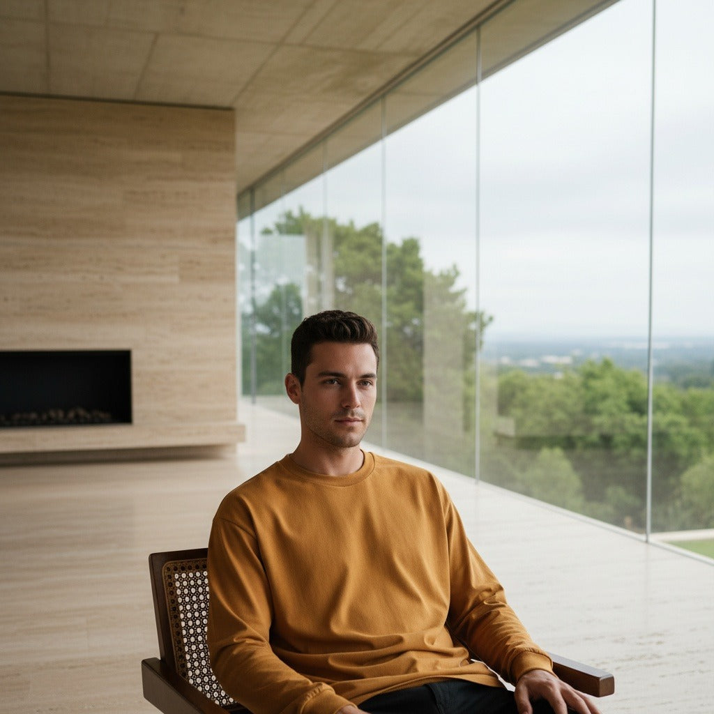 Long Sleeve Crew Neck T Shirt - Mustard Gold - Side Profile