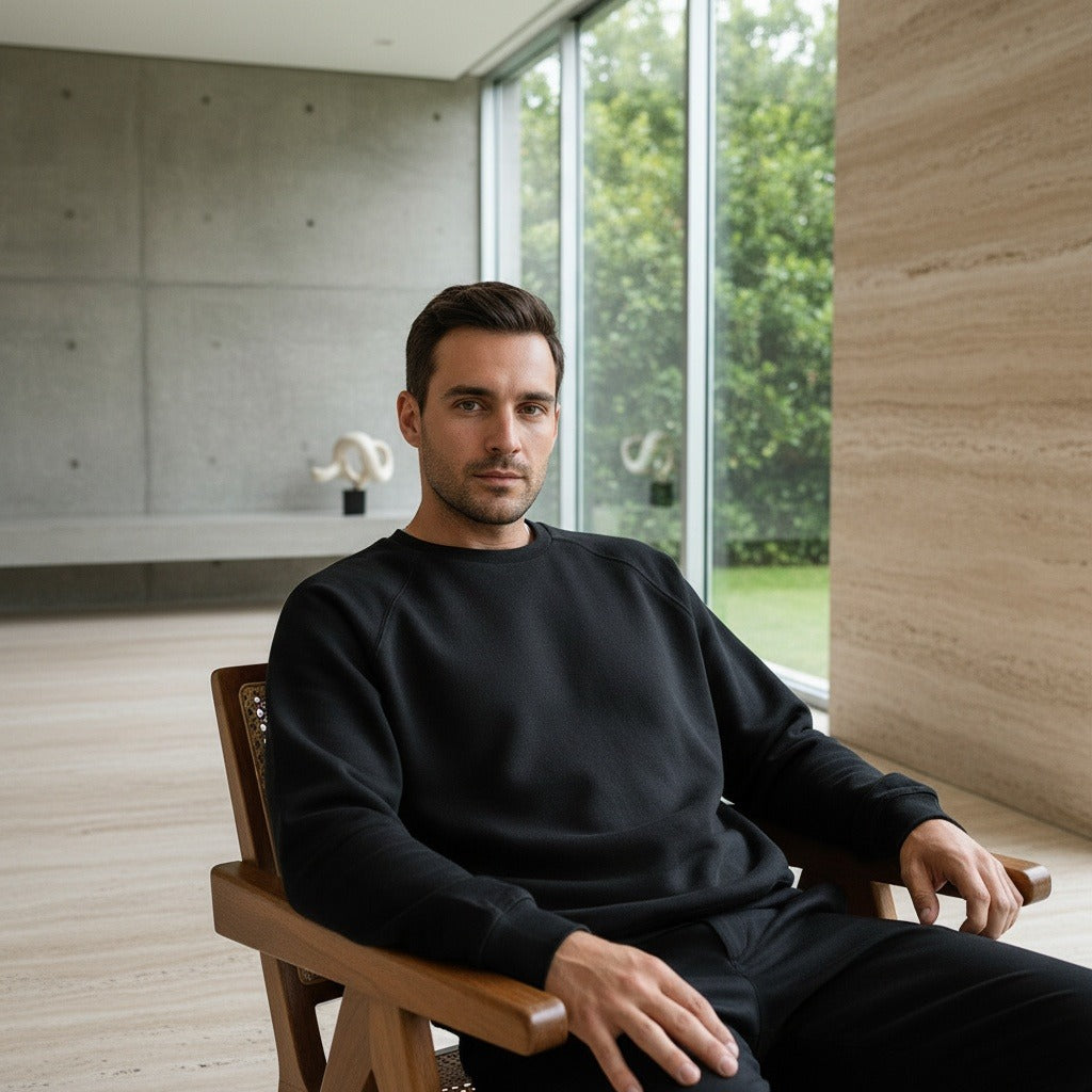 Long Sleeve Crew Neck T Shirt - Jet Black - Side Profile