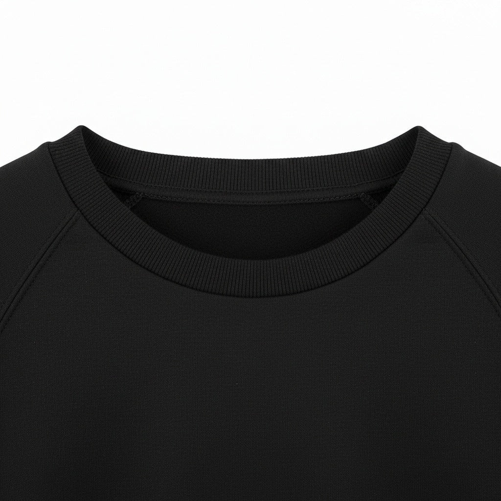 Long Sleeve Crew Neck T Shirt - Jet Black - Texture Close Up
