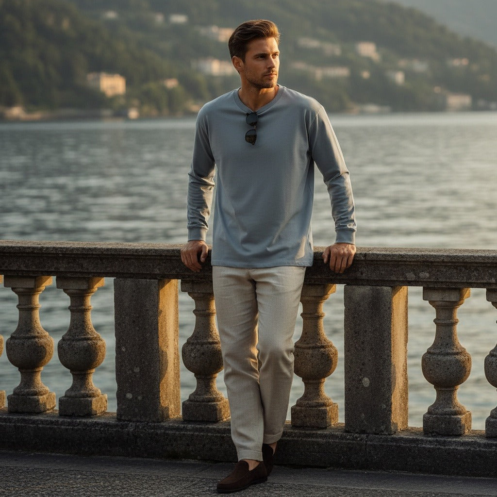 Long Sleeve Crew Neck T Shirt - Slate Blue - Angled Shot
