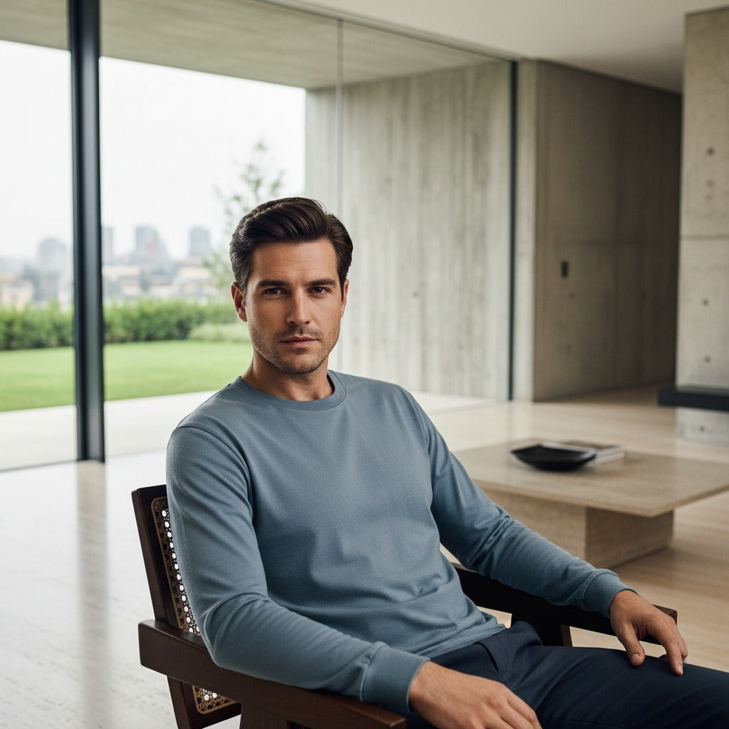 Long Sleeve Crew Neck T Shirt - Slate Blue - Side Profile