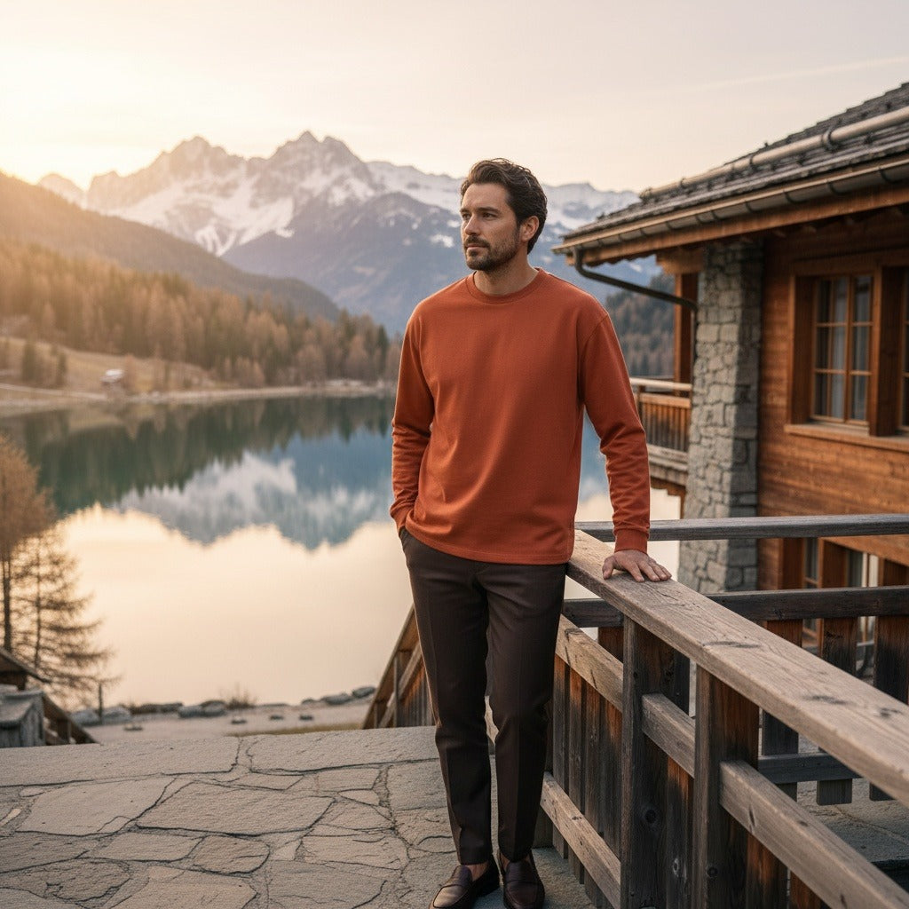 Long Sleeve Crew Neck T Shirt - Burnt Orange - Angled Shot
