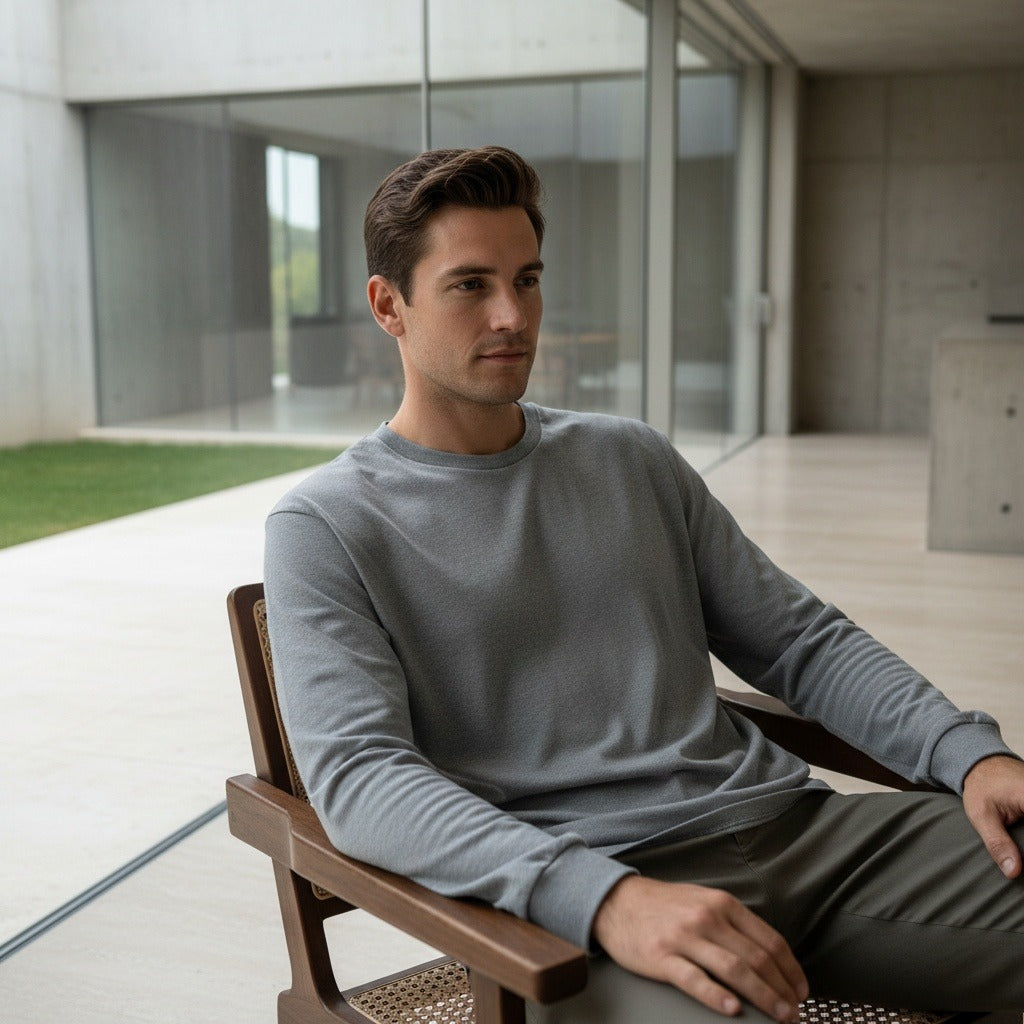 Long Sleeve Crew Neck T Shirt - Ash Gray - Side Profile
