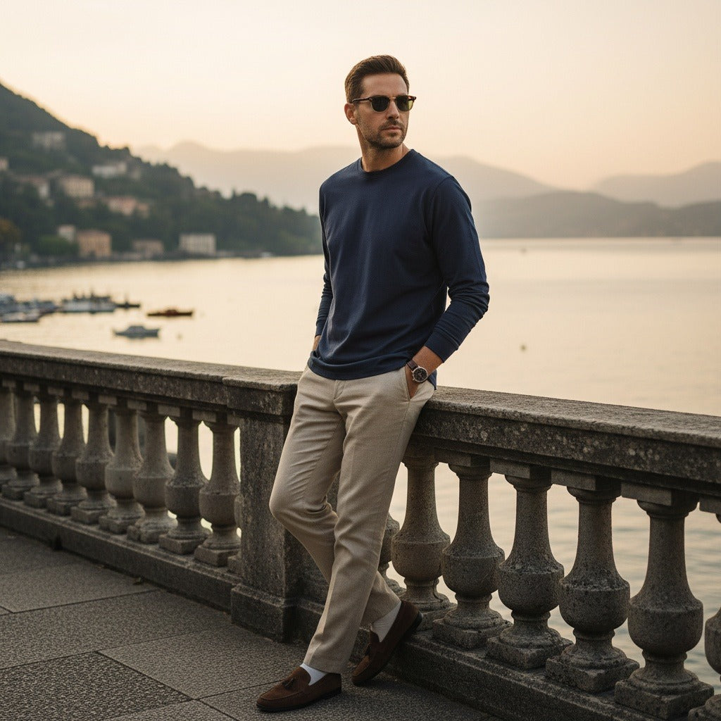 Long Sleeve Crew Neck T Shirt - Midnight Blue - Angled Shot