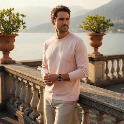 Long Sleeve Crew Neck T Shirt - Pale Pink - Angled Shot