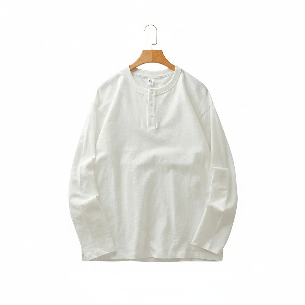 Long Sleeve Henley T Shirt - White - Front View