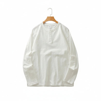 Long Sleeve Henley T Shirt - White - Front View