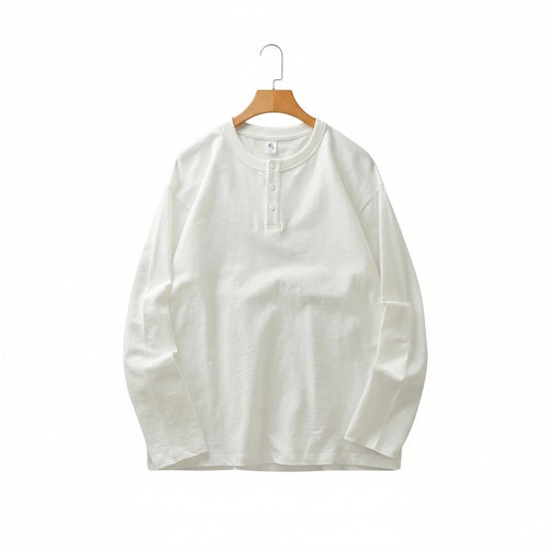 Long Sleeve Henley T Shirt - White - Front View