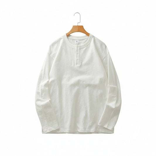 Long Sleeve Henley T Shirt - White - Front View