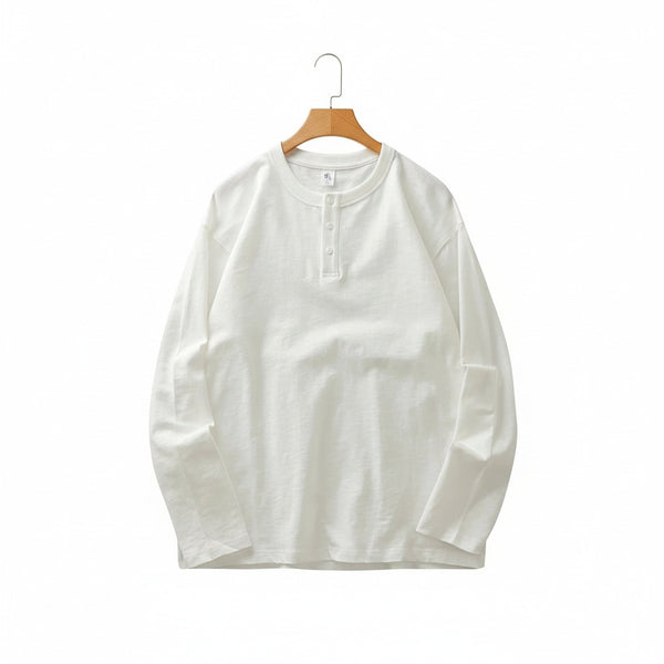 Long Sleeve Henley T Shirt - White - Front View