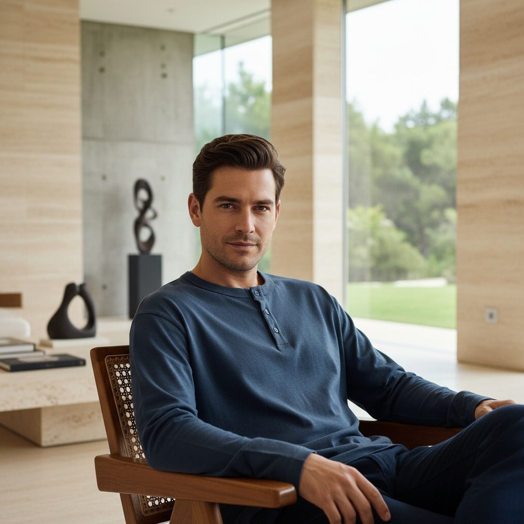 Long Sleeve Henley T Shirt - Dark Slate Blue - Side Profile