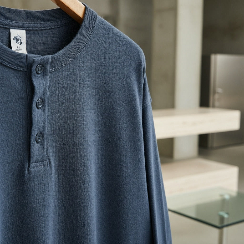 Long Sleeve Henley T Shirt - Dark Slate Blue - Back View
