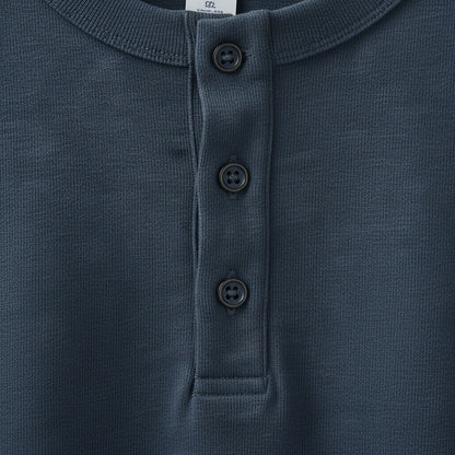 Long Sleeve Henley T Shirt - Dark Slate Blue - Texture Close Up