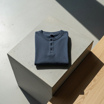 Long Sleeve Henley T Shirt - Dark Slate Blue - Lifestyle Inspiration