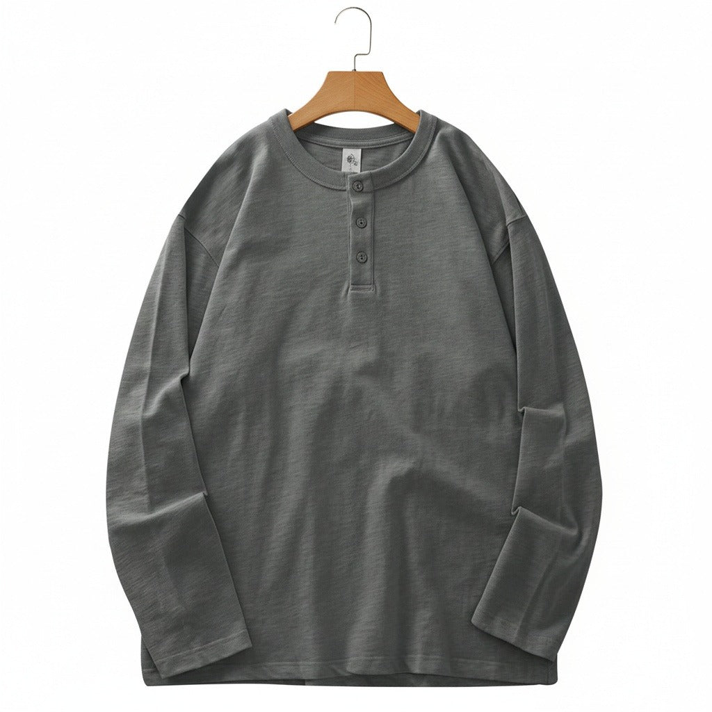 Long Sleeve Henley T Shirt - Heather Grey - Front View