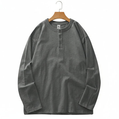 Long Sleeve Henley T Shirt - Heather Grey - Front View