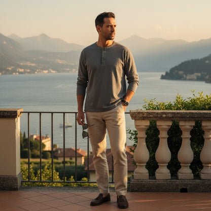 Long Sleeve Henley T Shirt - Heather Grey - Angled Shot