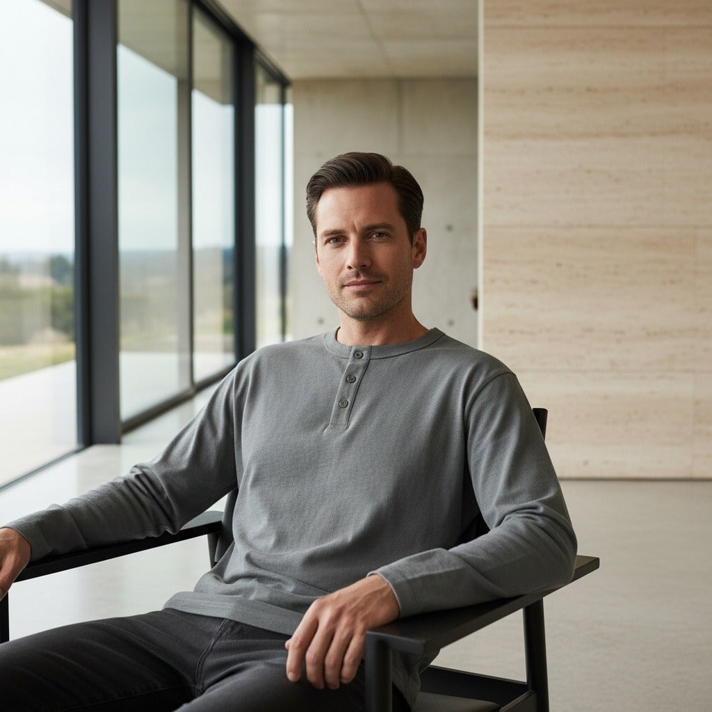 Long Sleeve Henley T Shirt - Heather Grey - Side Profile