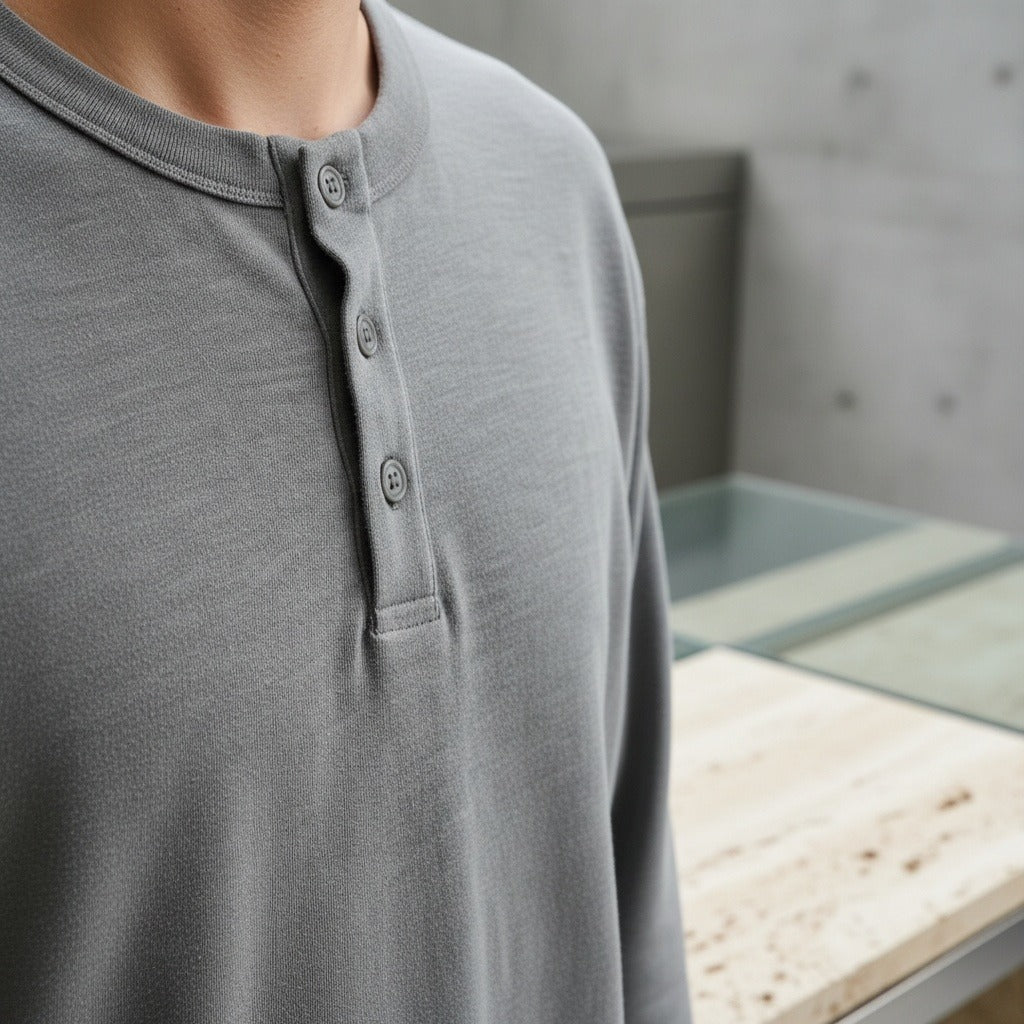 Long Sleeve Henley T Shirt - Heather Grey - Back View
