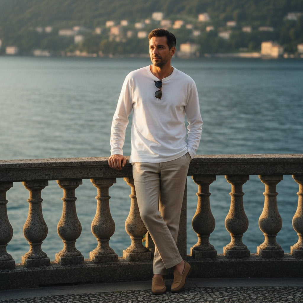 Long Sleeve Henley T Shirt - White - Angled Shot