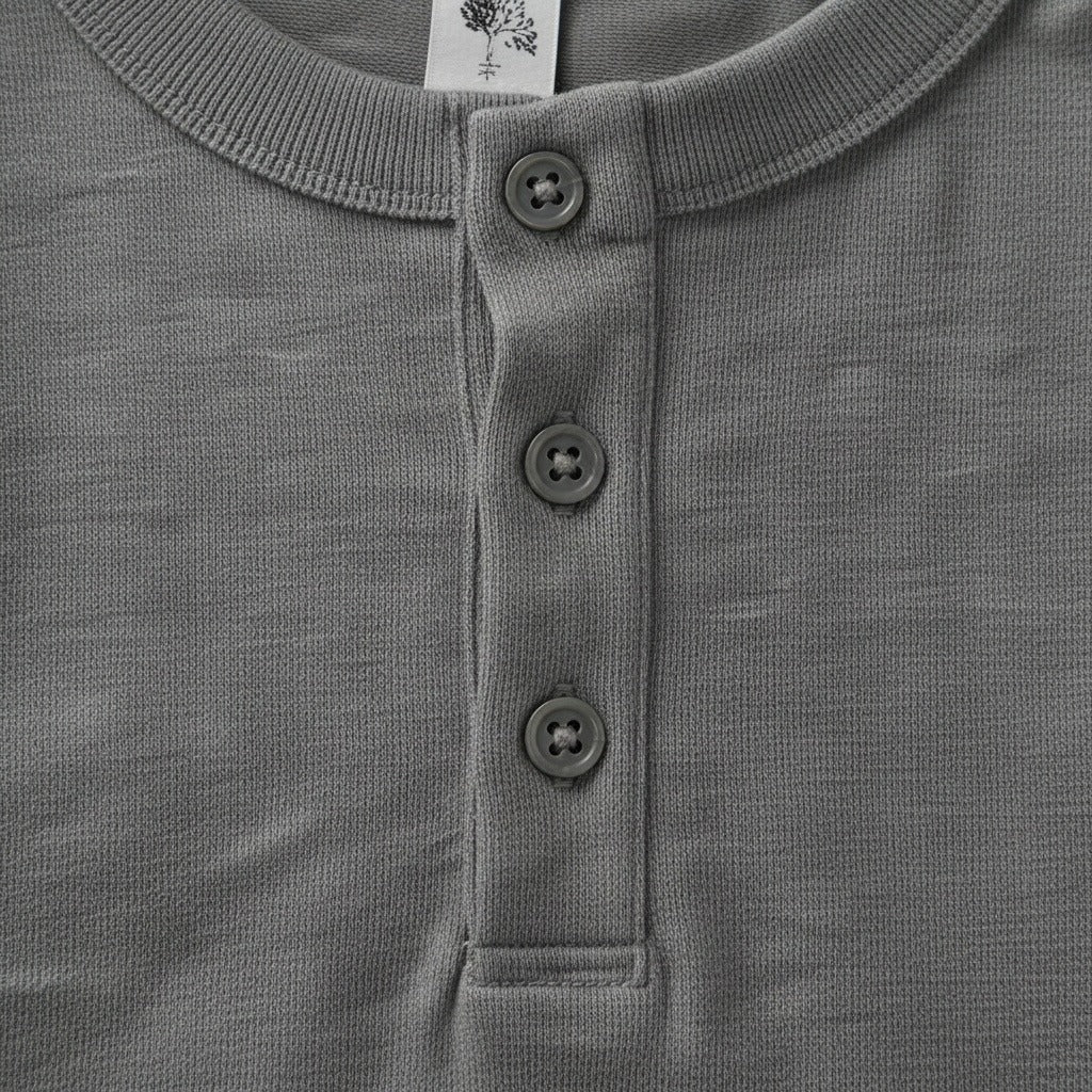 Long Sleeve Henley T Shirt - Heather Grey - Texture Close Up