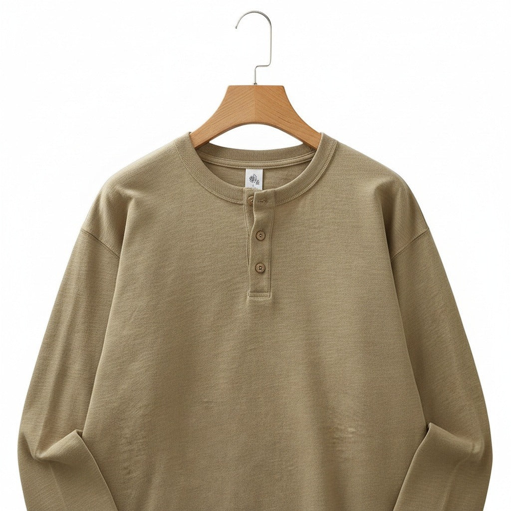 Long Sleeve Henley T Shirt - Khaki - Front View