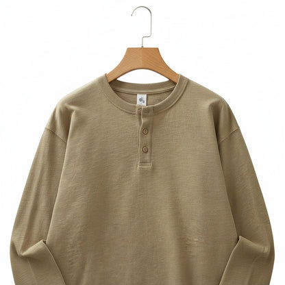 Long Sleeve Henley T Shirt - Khaki - Front View