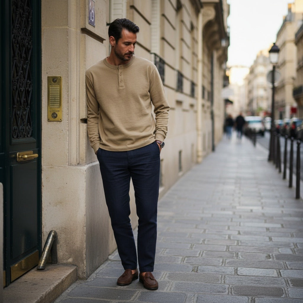 Long Sleeve Henley T Shirt - Khaki - Angled Shot