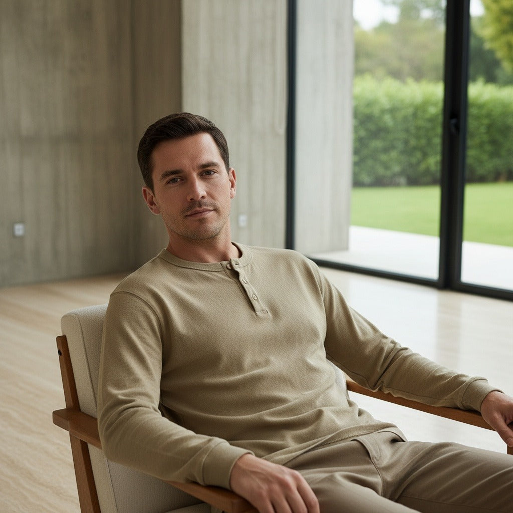 Long Sleeve Henley T Shirt - Khaki - Side Profile