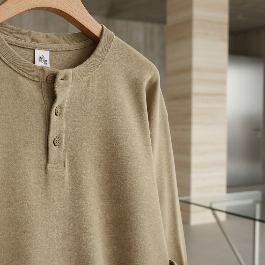 Long Sleeve Henley T Shirt - Khaki - Back View