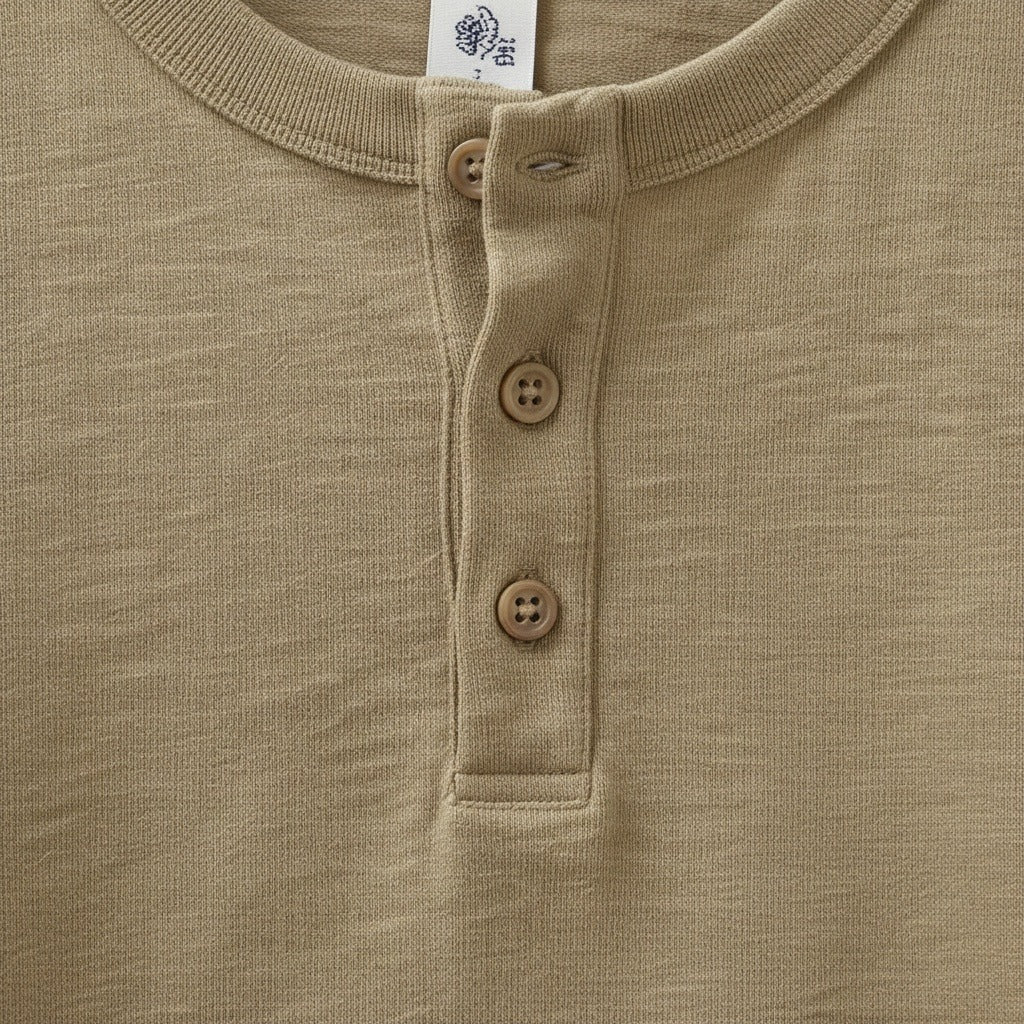 Long Sleeve Henley T Shirt - Khaki - Texture Close Up