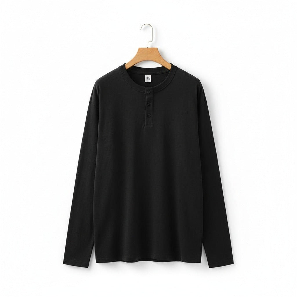 Long Sleeve Henley T Shirt - Black - Front View