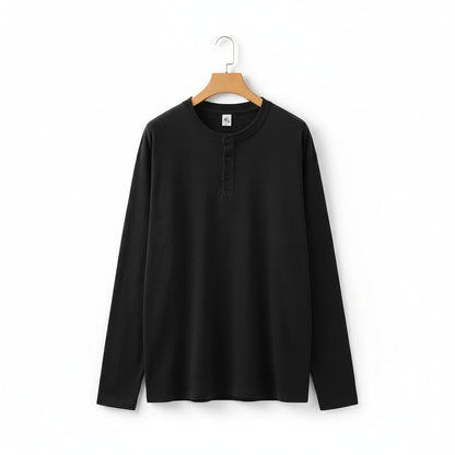 Long Sleeve Henley T Shirt - Black - Front View