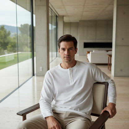 Long Sleeve Henley T Shirt - White - Side Profile