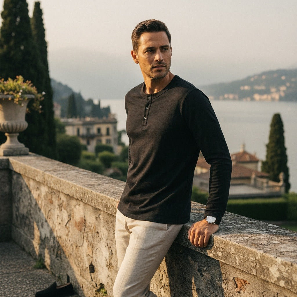 Long Sleeve Henley T Shirt - Black - Angled Shot
